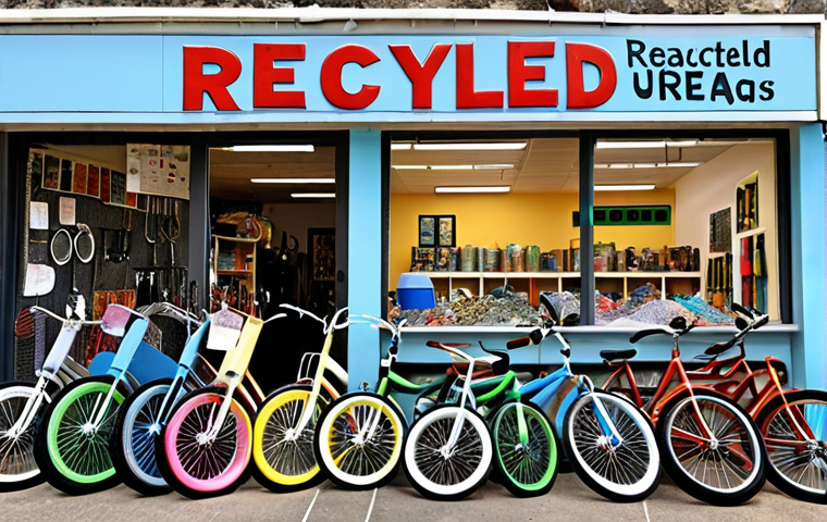 **
A bright, modern workshop showcasing artisans crafting jewelry from recycled materials like colorful plastic scraps and repurposed bicycle tires. Emphasize transparency with visible material sourcing information (e.g., a small sign indicating "Recycled Plastic from Local Beach Cleanups").
**